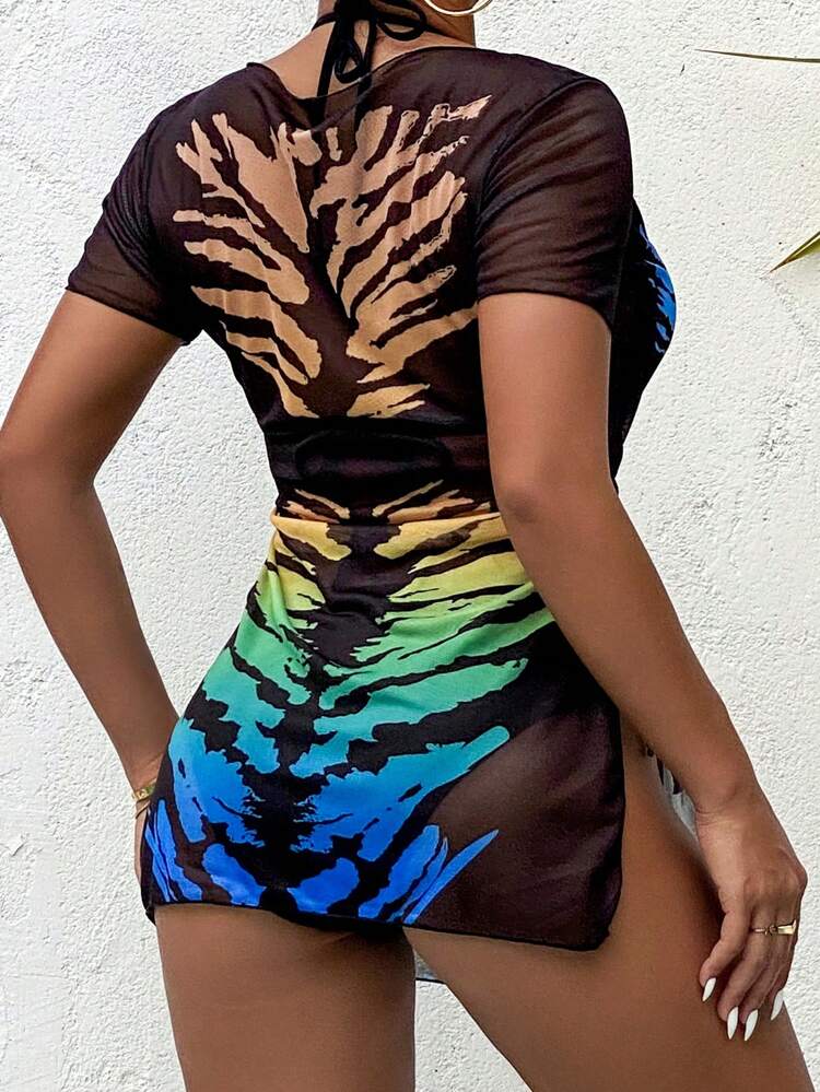 Body Print Cover Up And Halter Neck Slim Fit Bikini Set Summer