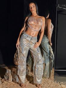 SHEIN BAE Solid Color Fringed Top With Rhinestone & Gem Decoration For Spring/Summer Party, Date Night, Music Festival And Nightclub Outfits - Silver - View 6