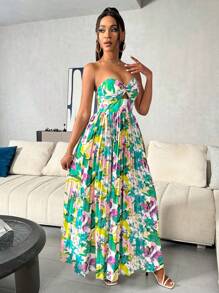 Breezaya Floral Printed Hollow Out Pleated Strapless Dress