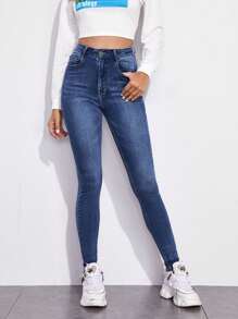 SHEIN Essnce Zipper Fly High Waist Skinny Jeans - Medium Wash - View 3