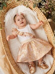 SHEIN Newborn Baby Girl Color Block Splicing Jacquard Fabric Round Neck Sleeveless Blouse With Ruffle, A-Line Skirt Set - Multicolor - View 4