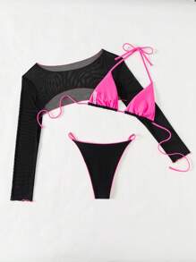 SHEIN Swim Bộ bikini cổ yếm cho nữ có thiết kế viền quấn, gồm áo, quần và vòng cổ mùa hè - màu đen - Xem 4