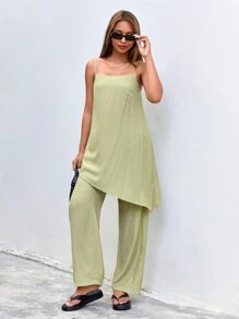 SHEIN Essnce Solid Color Asymmetrical Hem Camisole Top And Straight Pants Two Pieces Set - Green - View 4