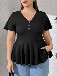 SHEIN Essnce 女式大码喇叭下摆 V 领短袖 T 恤，收腰，修身版型 - 黑色 - 查看 3