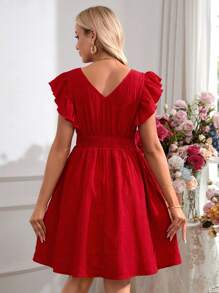 SHEIN Maternity Romantic Holiday Ruffled Sleeve V-Neck Dress - Red - View 2