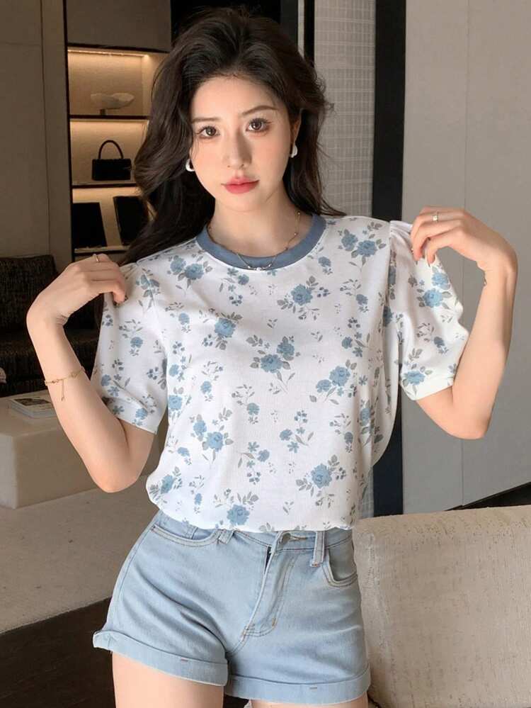 Color-Block Neckline Ditsy Floral Patchwork Short Sleeve T-Shirt Summer Easter