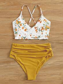SHEIN Swim Summer Beach Floral Patchwork Print V-Neck Bikini Set, Bikini Set - Yellow - View 3