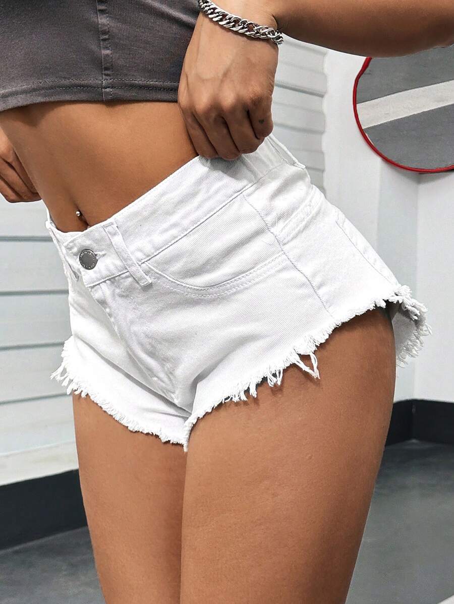SHEIN PETITE 女士性感中腰牛仔超短短褲 - 白色 - 查看 1