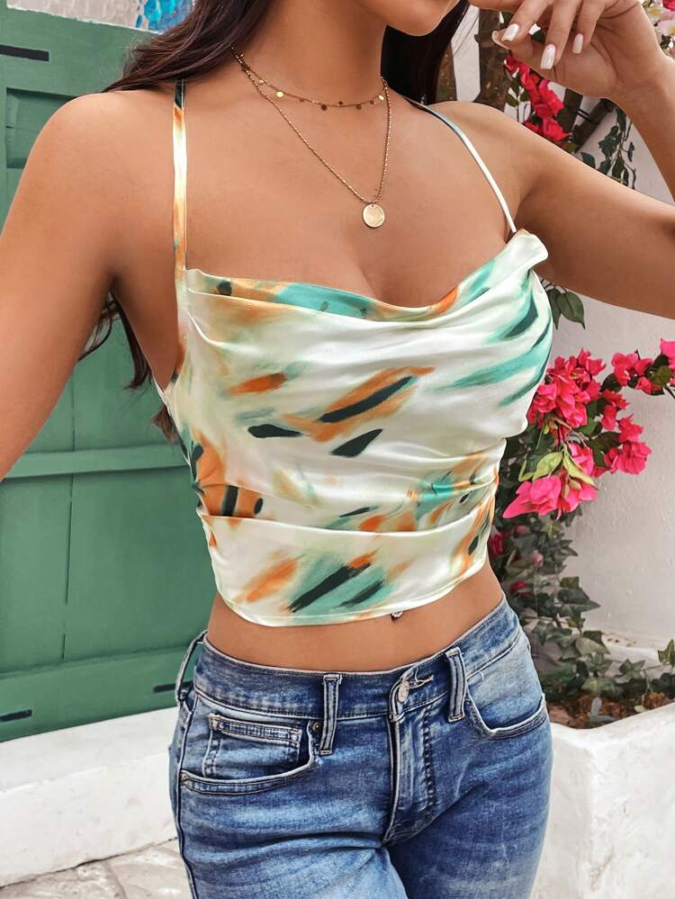 Women's Tie-Dye Printed Draped Collar Camisole Top