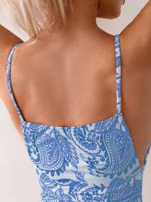 SHEIN Swim In hoa Paisley Bên Dây rút Áo tắm một mảnh Với Dây đai mỏng - Màu xanh lam - Xem 4