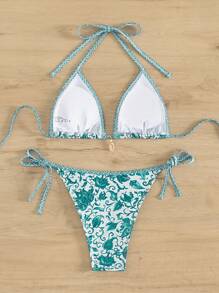 SHEIN Swim Summer Beach Ladies' Plant Printed Halter Neck Separates Bikini Set - Green - View 6