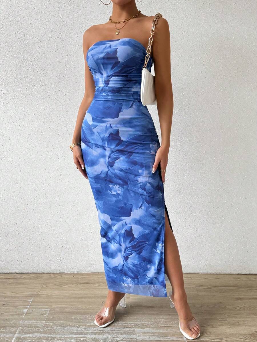 Women's Plant Print Side Slit Slimming Mesh Strapless Dress Maxi Women Outfit - Dusty Blue - View 1