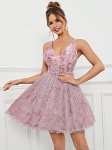 SHEIN Belle Elegante y espectacular vestido corto de tul con cuello en V de mujer con cuentas, encaje elástico y aplicaciones de lentejuelas, tela especial con diseño en línea A, adecuado para fiestas, bodas, vacaciones y ocasiones especiales como cumpleaños, graduación, baile de bienvenida o cóctel - Rosa - Ver 5