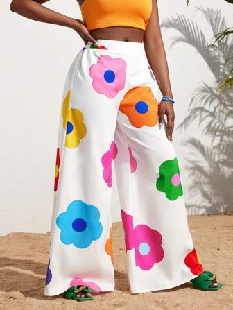 Slaydiva Beach Summer Casual Vacation Colorful Flower All-Over Printed Wide-Leg Pants For Women