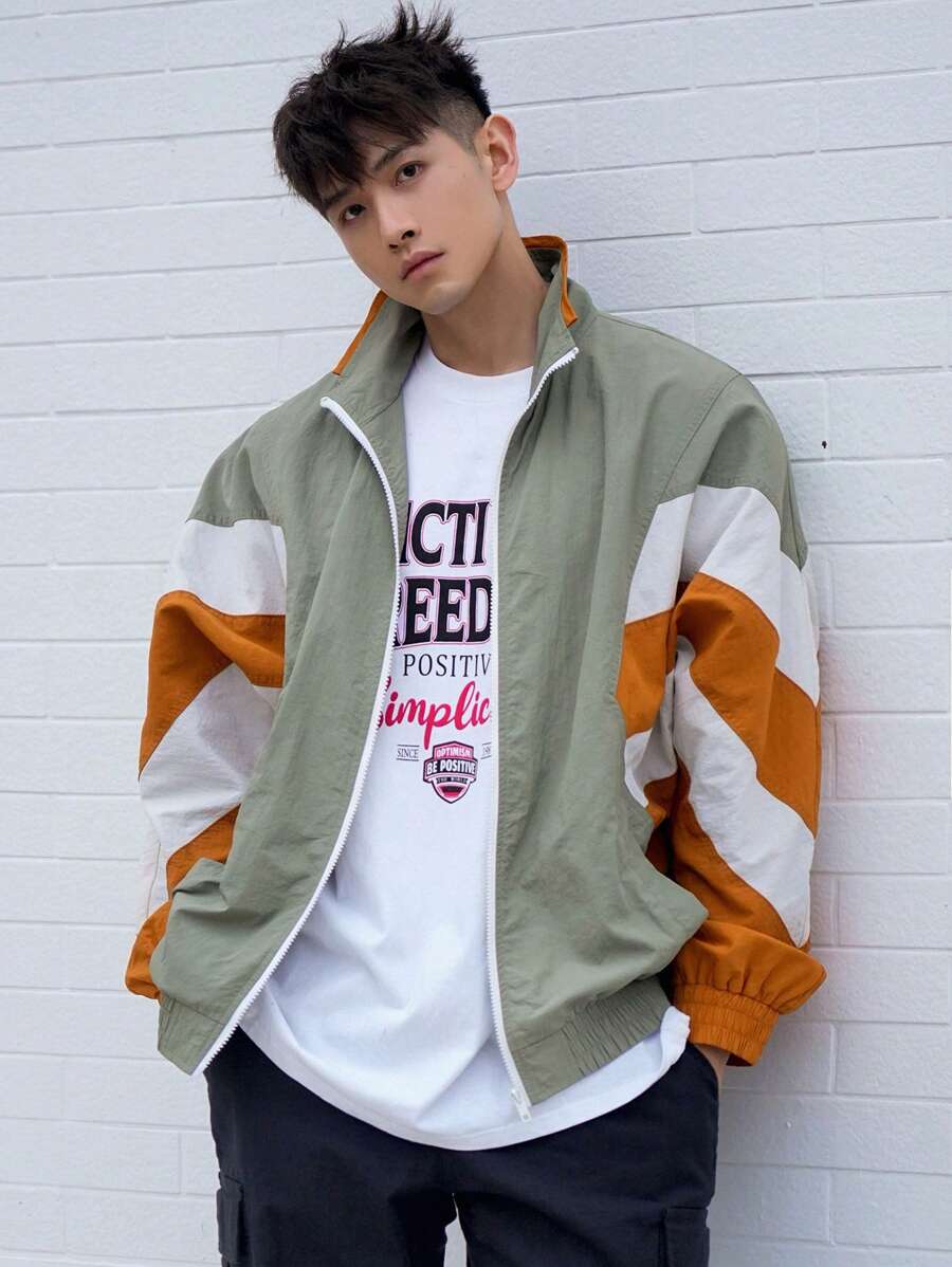 DAZY 男士拼色拉链休闲夹克，秋装 - 彩色 - 查看 1