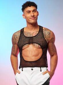 FeverCity Men's Hollow Out Mesh Tank Top - Black - View 3