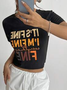 Muchica Ladies' Ombre Letter Print T-Shirt - Black - View 3