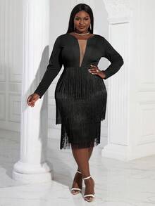 大码女式奢华性感透明流苏圣诞连衣裙，长袖 - 黑色 - 查看 3