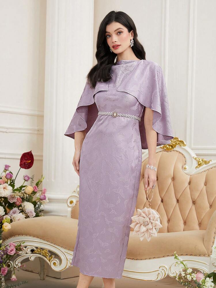 Women's Solid Color Jacquard Cape Dress Long Evening Dresses