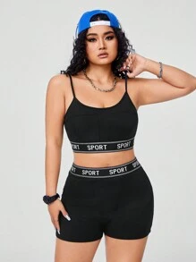 SHEIN Coolane 加大尺碼字母印花背心和短褲運動套裝,配以提花膠帶拼接 - 黑色 - 查看 5