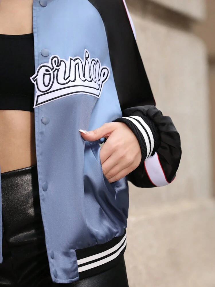 Women's Color Block Letter Printed Raglan Long Sleeve Baseball Jacket Fall Cloth For Women