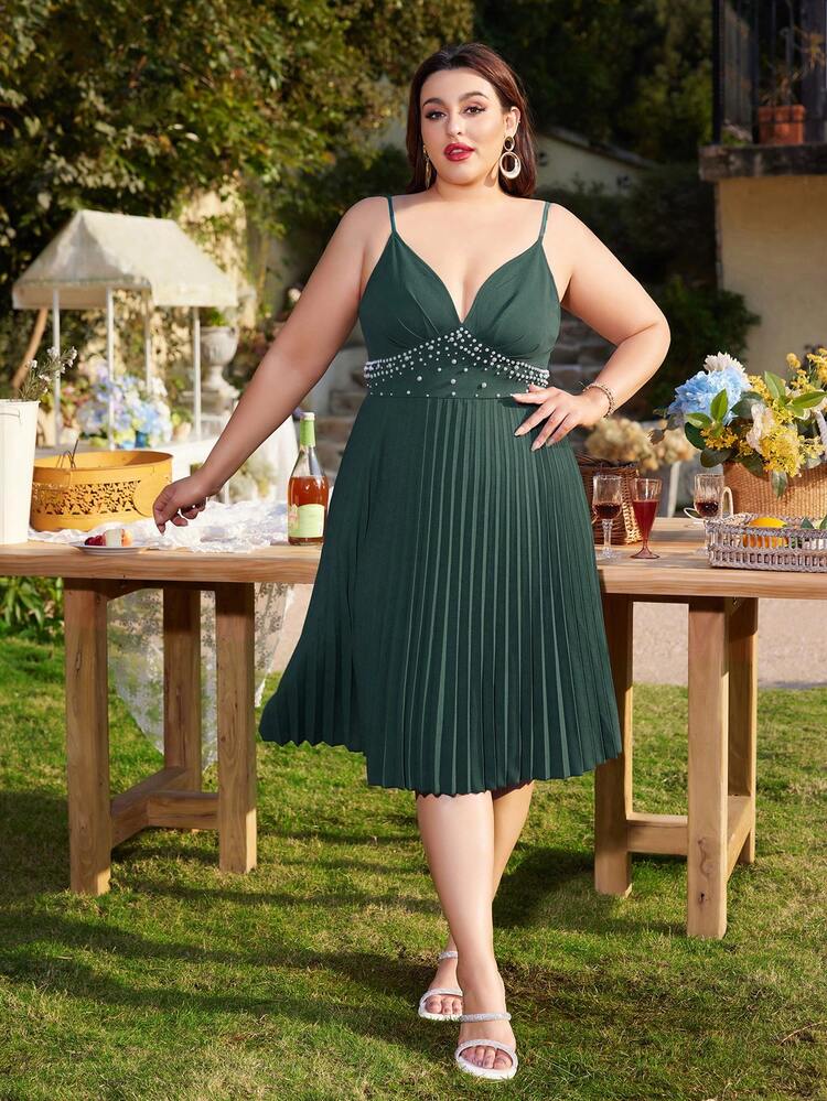 Plus Size Solid Color Beaded Pleated Hem Cami Dress