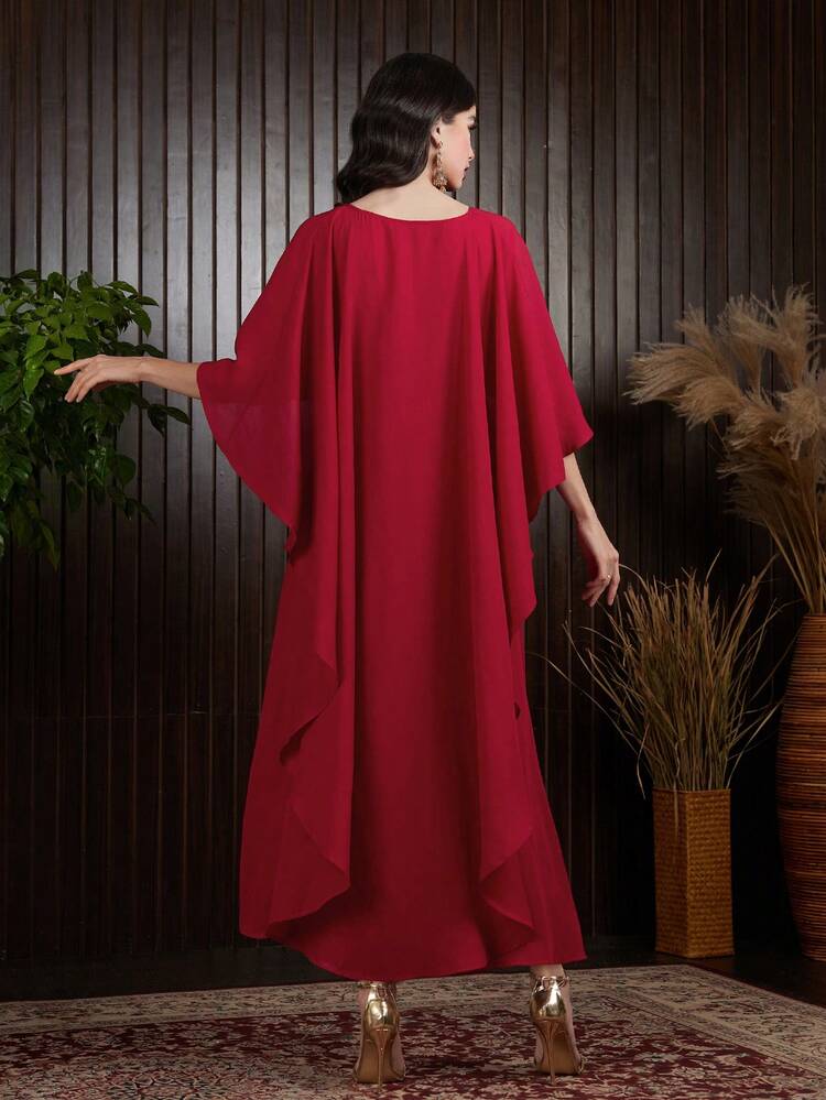 Women's Glittering Patchwork Cape Sleeve Bodycon Dress Long Evening Dresses