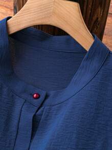 SHEIN LUNE Plus Size Women's Butterfly Pattern Stand Collar Shirt - Navy Blue - View 5