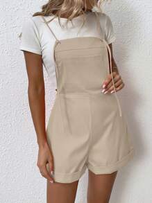 SHEIN LUNE 素色反摺褲腳背帶連體短褲不帶T恤