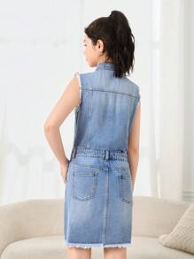 Teen Girl's Street Style Cool Medium Blue Wash Raw Edge Button Front Sleeveless Denim Dress, Cinching Waist