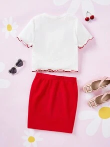 HELLO KITTY AND FRIENDS | SHEIN Chica Pre-adolescente Letra Y Gráfico De Dibujos Animados En Contraste Camiseta Con Ribete De Lechuga & Falda - Rojo y blanco - Ver 2