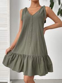 SHEIN Essnce 女士夏季休閒度假灰綠色v領a字型無袖裙 - 軍綠色 - 查看 1