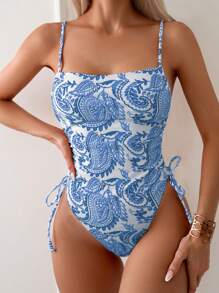 SHEIN Swim In hoa Paisley Bên Dây rút Áo tắm một mảnh Với Dây đai mỏng - Màu xanh lam - Xem 3