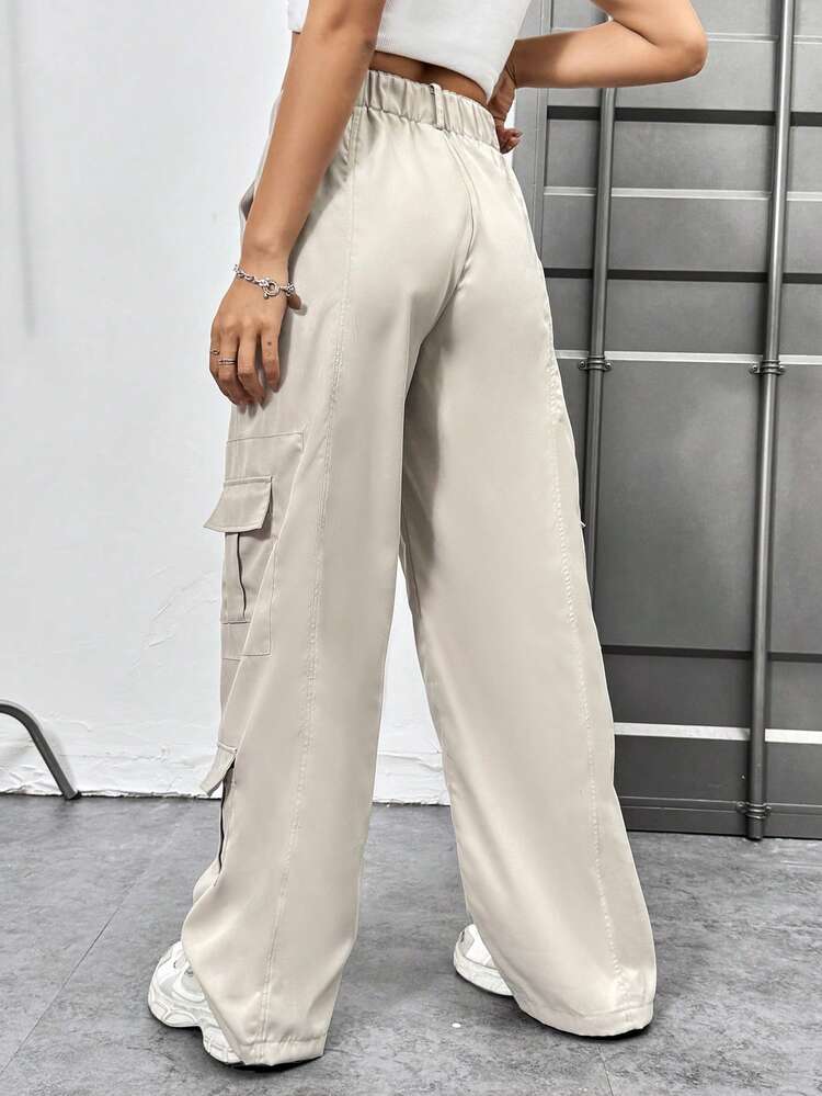 Solid Color Low Waist Flip Pocket Straight Leg Pants