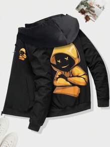 Men's Casual Vintage Cartoon Pattern Zip Pocket Sports Jacket, Spring/Autumn