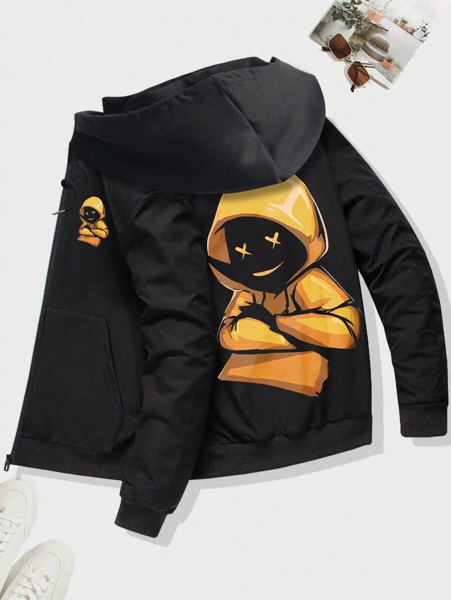 Men's Casual Vintage Cartoon Pattern Zip Pocket Sports Jacket, Spring/Autumn