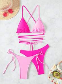 Swim SXY 女士拼色交叉带设计两件套比基尼套装夏季 - 彩色 - 查看 4