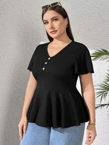 SHEIN Essnce 女式大码喇叭下摆 V 领短袖 T 恤，收腰，修身版型 - 黑色 - 查看 1