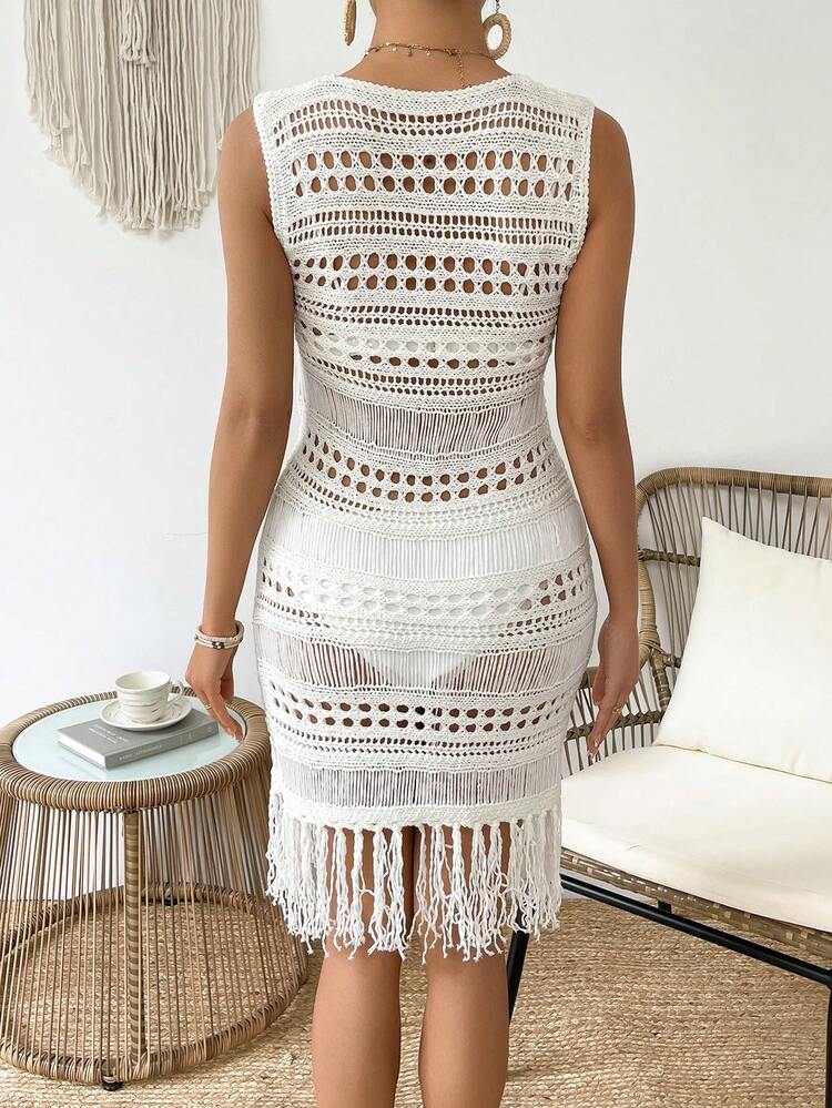 Women's Hollow Out Knitted Fringe Hem Sweater Dress