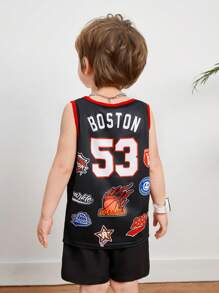 Young Boys' Casual Street-Style Sport Cartoon Letters & Numbers Print Color-Block Flat Knit Hem Split Tank Top, Suitable For Spring & Summer - Black - View 2