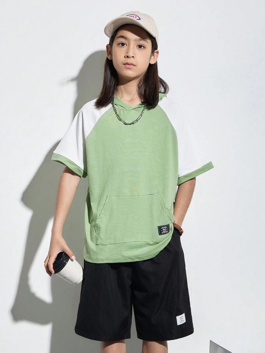 SHEIN Tween Boys' Casual Loose Fit Short Sleeve Knit T-Shirt With Color Block, Letter Patch And Hoodie - Multicolor - View 1