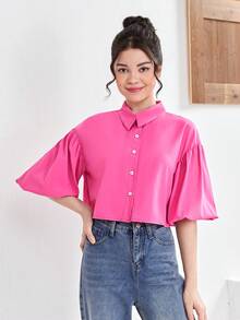 Teen Girls' Lantern Sleeve Blouse - Hot Pink - View 3