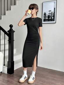 SHEIN Teen Girls'  Summer  Knitted Ribbed Waist Pleated Slit Casual Dress Graduation Outfit