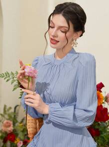 Modelyn 女款純色燈籠袖連衣裙 - 藍色 - 查看 7