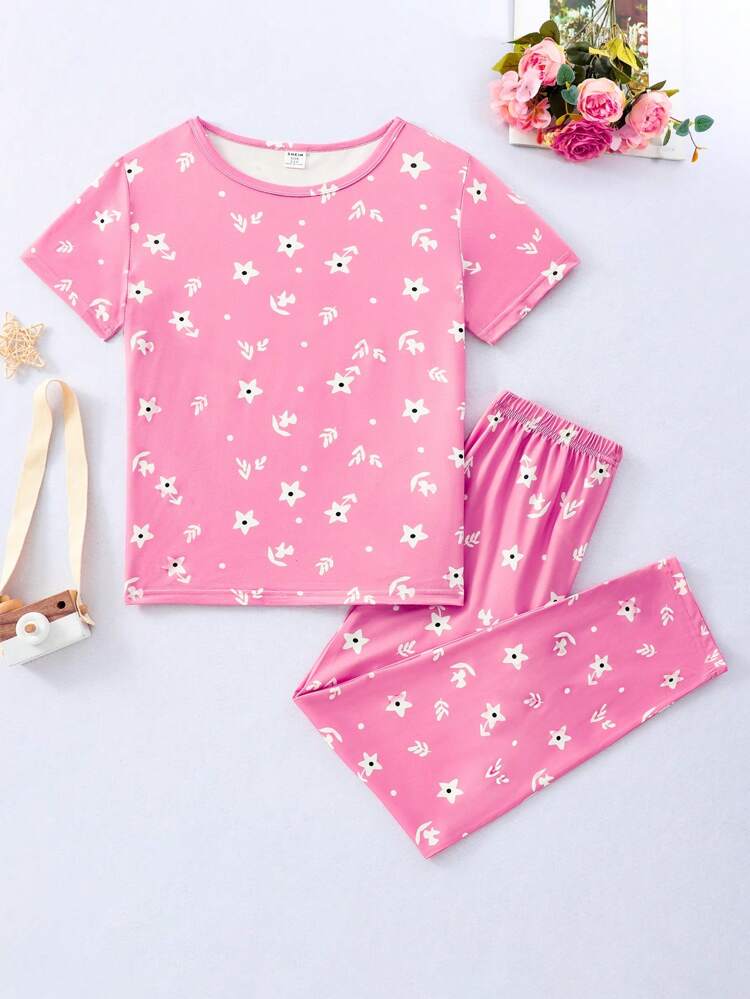 Tween Girls' Spring New Arrival Floral Print Pants & Short Sleeve Top Simple And Comfortable Pajama Set