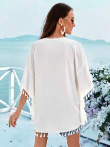 SHEIN VCAY Blusa De Encaje Con Dobladillo De Borlas. Ideal Para Vacaciones - Blanco - Ver 2