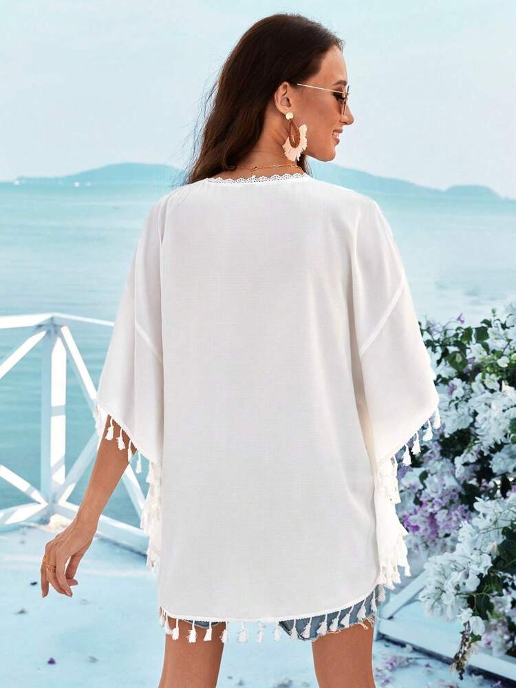 Women's Spring & Summer Outfits Beach Vacation Lace Splice Tassel Hem Blouse Embroidered Top