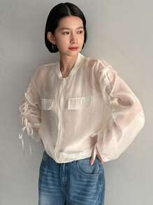 FRIFUL Ladies' Drawstring Long Sleeve Sheer Baseball Collar Jacket,Fall Women Clothes