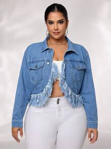SHEIN SXY 大尺碼女式長袖牛仔外套,襯條邊和毛邊設計 - 淺色水洗藍 - 查看 4