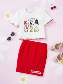 HELLO KITTY AND FRIENDS | SHEIN Chica Pre-adolescente Letra Y Gráfico De Dibujos Animados En Contraste Camiseta Con Ribete De Lechuga & Falda - Rojo y blanco - Ver 3